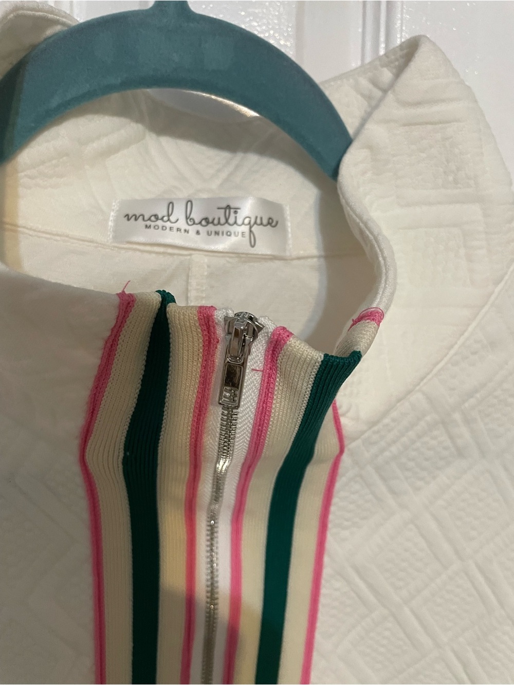 White Knit Half-Zip Pullover Top with Pink & Green Trim - Picture 5 of 9